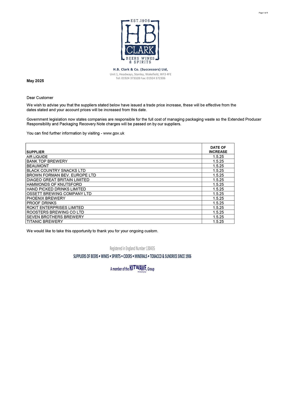 05 Price Increase by Supplier May 2025