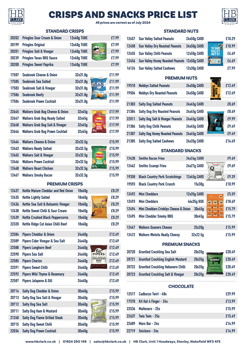 Crisps & Snacks Price List