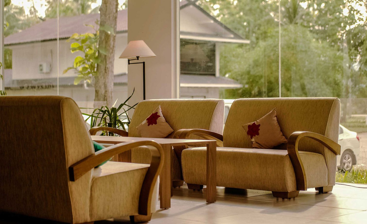 Cozy seating area with two armchairs and a wooden table